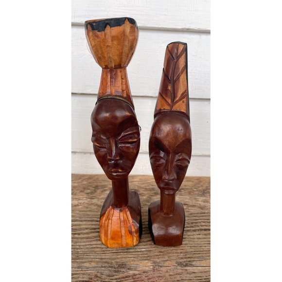 unbranded Other - Vintage MCM African Carved Wood Head Busts Woman Man Wire Jewelry